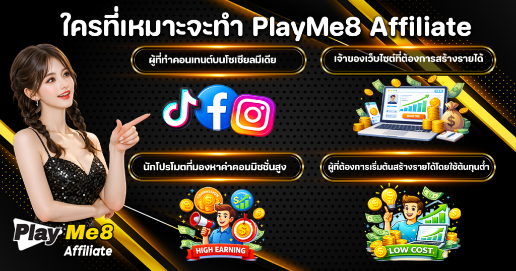 ภาพแสดงกลุ่มคนที่เหมาะกับ PlayMe8 Affiliate เช่น ผู้ดูแลโซเชียลมีเดียและคอนเทนต์ครีเอเตอร์